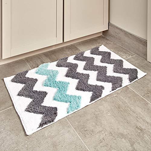 iDesign Chevron Bath Rug, Machine Washable Microfiber Accent Rug for Bathroom, Kitchen, Bedroom, Office, Kid's Room, 34" x 21", Gray and Teal Blue