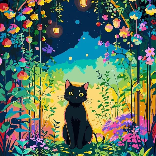 FILASLFT Paint by Numbers Black Cat, Paint by Number for Adults & Beginner Canvas, Animal Garden Landscape Oil Painting Kits, Perfect for Office Wall Decoration 16x20inch