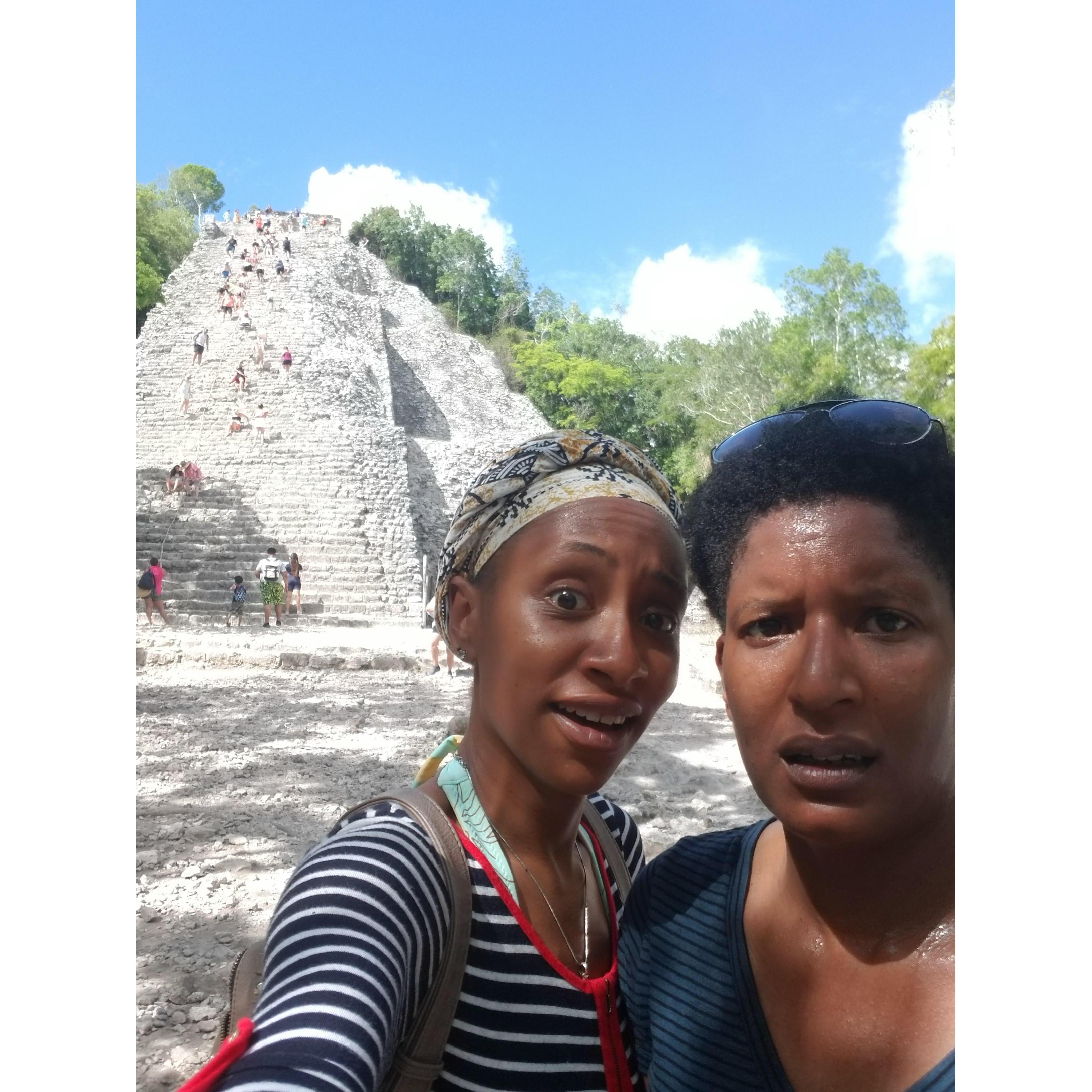 Climbing pyramids in Coba's 90,000 degree weather!