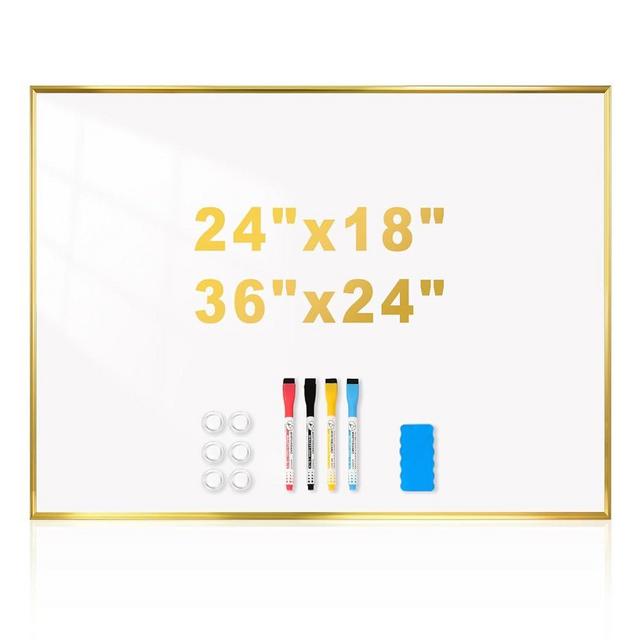 QUEENLINK Magnetic Whiteboard, 36"x24" Gold Aluminum Frame Dry Erase White Board for Wall, Large Wipe Board with 6 Magnets, 4 Markers & 1 Eraser for Home and Office