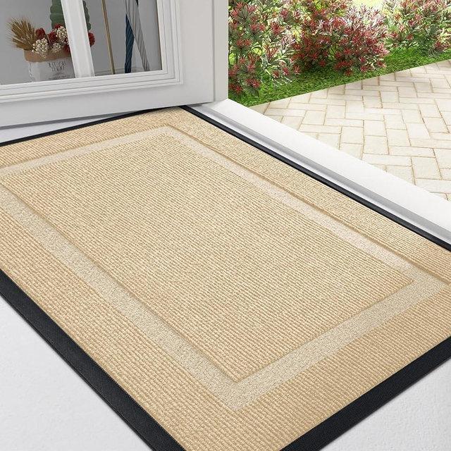 OLANLY Front Door Mat Indoor Outdoor Entrance, Waterproof All-Season, All-Weather Doormat, Sturdy Natural Rubber, Fade Resistant, Low Profile, Easy Clean Patio Porch Entryway Mat, 29.5x17, Beige