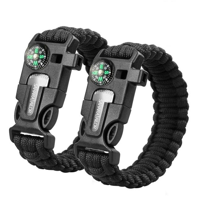 2PCS PACK Multifunctional Paracord Bracelet, Sahara Sailor Outdoor Survival Kit W Compass Flint Fire Starter Scraper Whistle for Hiking Camping Emergency More