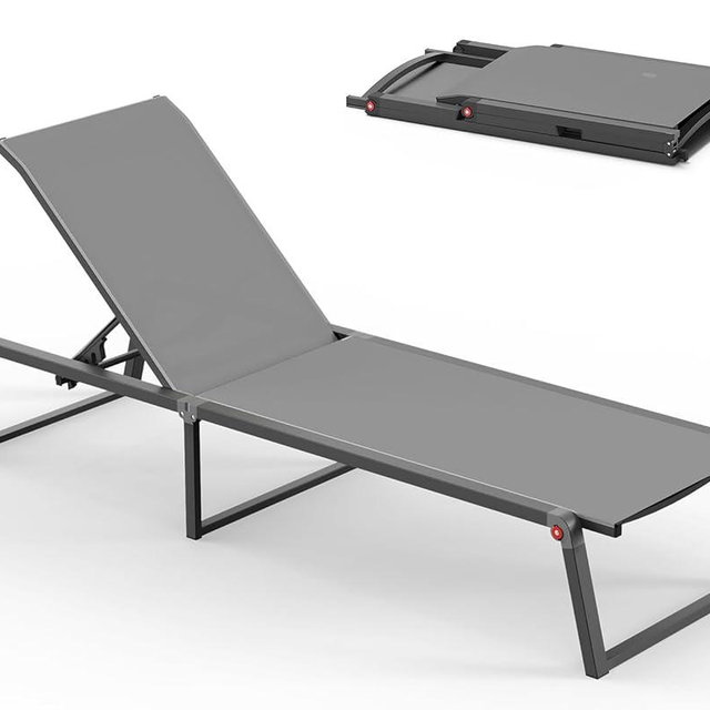 Aluminum Chaise Lounge Chair Outdoor, Foldable & No Assembly Pool Lounge Chairs 5-Position Recliner for Outside Poolside, Fully Grounded Legs Patio Sun Lounger for Pool, Beach, Yard, Dark Grey