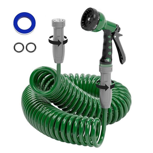 SPECILITE Lightweight Coil Garden Hose 50 FT× 3/8”, EVA Flexible Coiled Water Hose with 6-Pattern Spray Nozzle, Retractable Curly Recoil Watering Hoses and No Kink for Boat, Greenhouse, Yard, patio