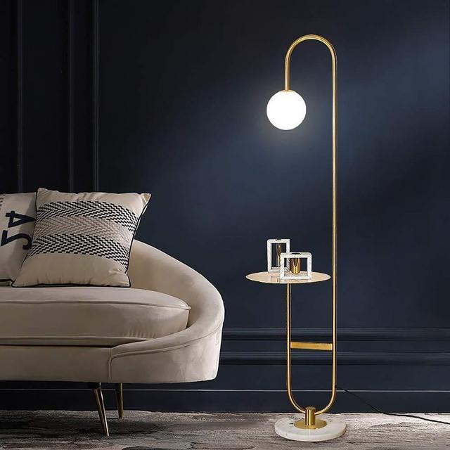 JiuZhuo 60" Modern Arc Floor Lamp with Shelf in Gold with Glass Shade & Marble Base for Living Room, Storage Shelf Floor Lamp