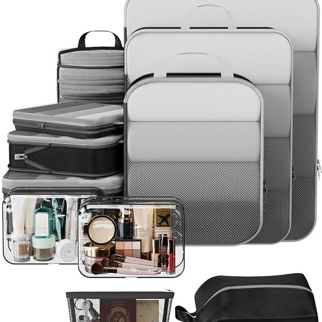 Veken 11 Set Compression Packing Cubes for Travel Essentials,Compressible Expandable Large Luggage Suitcase Organizer Bags for Clothing,Durable Space Saver Storage Bags with Toiletry Bags(Black)