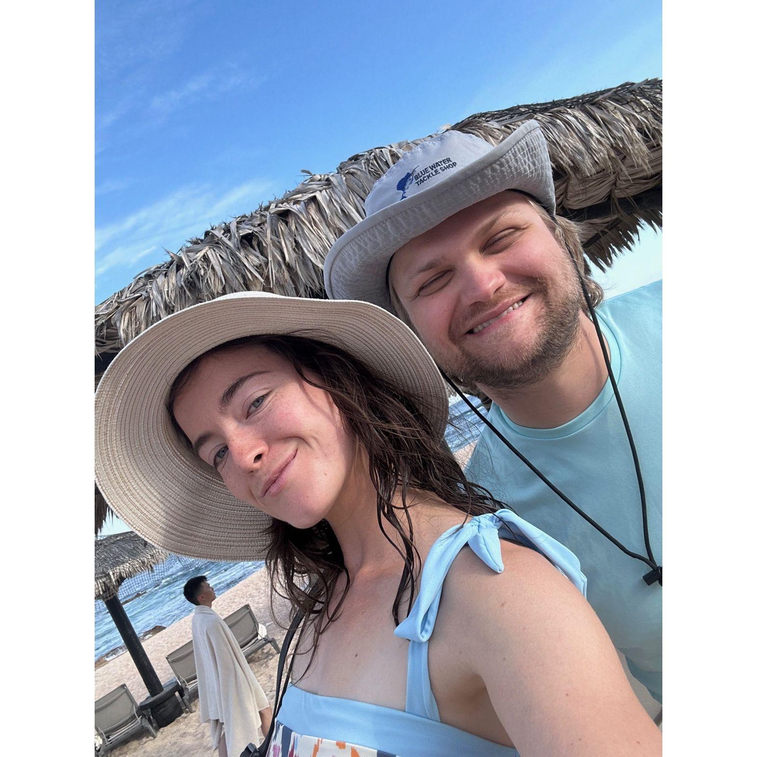 We always play in the waves together at the beach! Katie always reminds Henry to wear his sunscreen, but usually one of us will need some aloe vera.