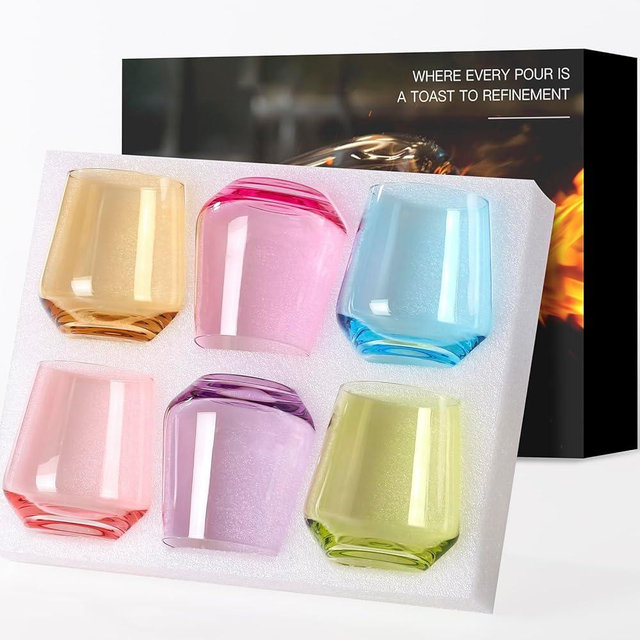 comfit Colored Stemless Wine Glasses Set of 6-17.5oz Hand Blown Premium Crystal Red Wine or White Wine Glass - Hand Crafted by Artisans - Gifts for Wedding, Anniversary, Birthday