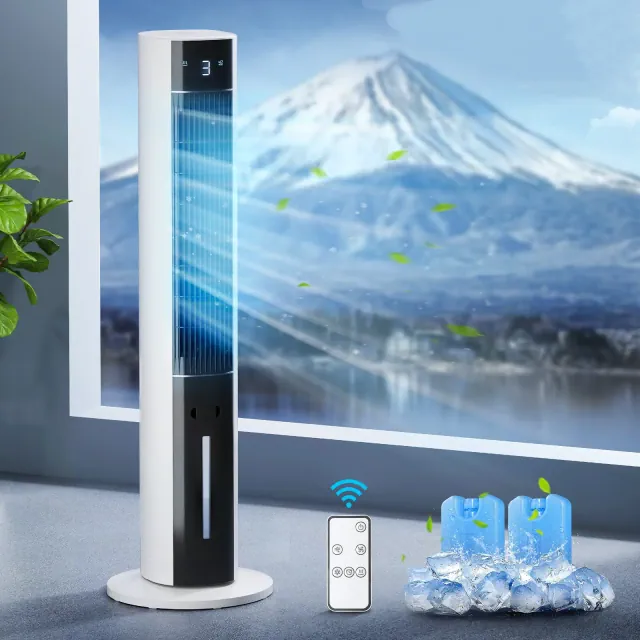 Etust Bladeless Tower Fan with Water Tank & 2 Ice Packs, Oscillating Air Cooler Fan with Remote Control, White
