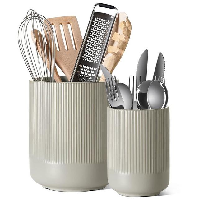 LE TAUCI Utensil Holder, 7.3"+5.4" Ceramic Kitchen Utensil Holder for Countertop, Large Cooking Utensil Crocks for Kitchen Counter, Morden Utensil Organizer for Spatula, Set of 2, Oatmeal Gray