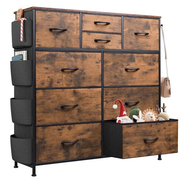 WLIVE Fabric Dresser for Bedroom with 10 Drawers, Chest of Drawers with Side Pockets and Hooks, Sturdy Metal Frame, Drawers Organizer Unit for Living Room, Hallway, Rustic Brown Wood Grain Print