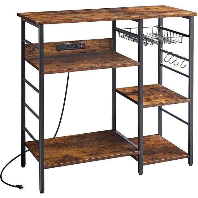 VIMBER Bakers Rack with Power Outlet, Coffee Bar with 8 S-Shaped Hooks, 35.4" Microwave Stand, 3-Tier and 4-Tier Kitchen Cart Storage for Kitchen, Wire Basket, Rustic Brown UCSJ001V1