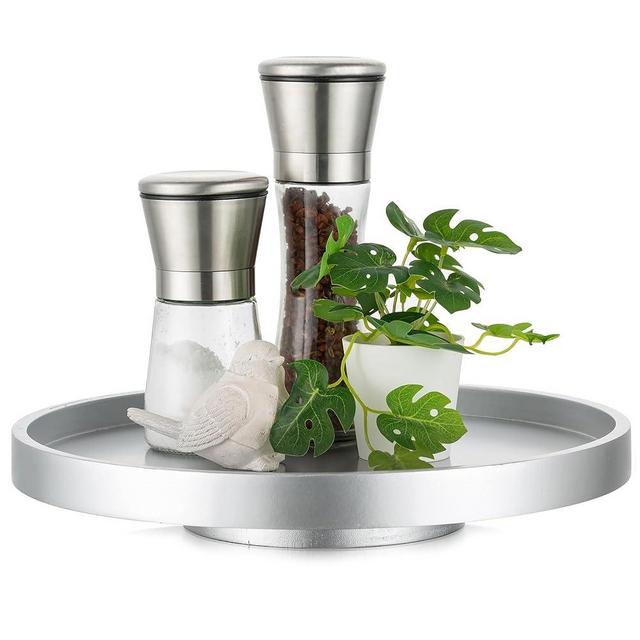 Hanobe Lazy Susan Bathroom Tray: Decorative Round Table Centerpieces 12 inch Turntable Organizer for Countertop Dining Room Kitchen Pantry Champagne Sliver