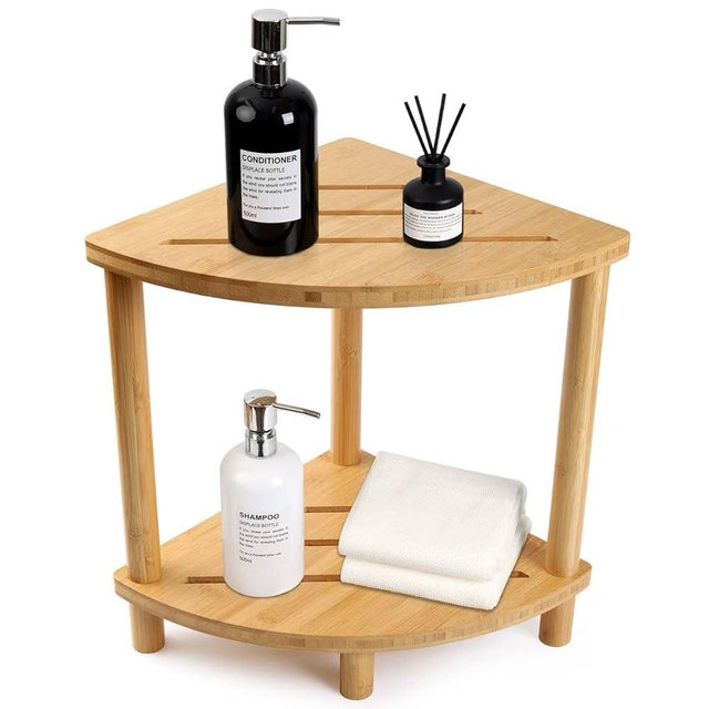 GUGIGIP Upgraded Bamboo Corner Shower Stool for Inside Shower Waterproof,2-Tier Shower Foot Rest with Storage Shelf,Corner Shower Shelf Bench Caddy Shaving Leg,Bath Seat,Gifts for Women Mom
