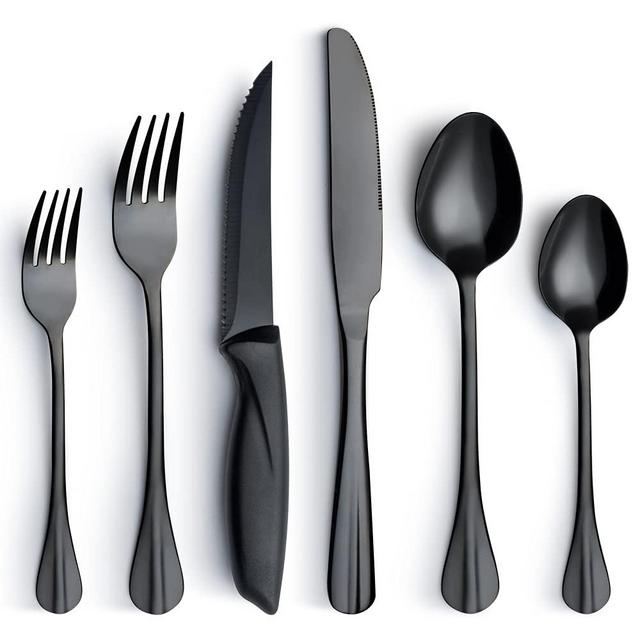 HAPPY KIT 24-Piece Black Flatware Set with Steak Knives, Stainless Steel Silverware Cutlery Set Service for 4, Tableware Eating Utensils Include Knives/Forks/Spoons, Mirror Polished, Dishwasher Safe