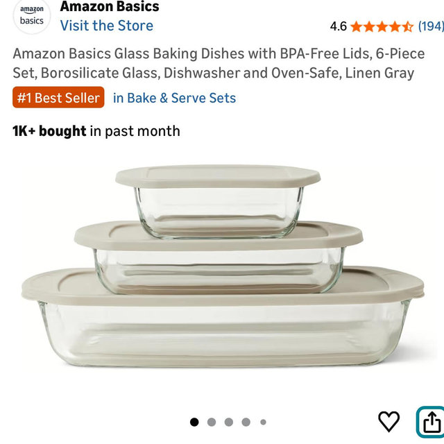 Amazon Basics Glass Baking Dishes with BPA-Free Lids, 6-Piece Set, Borosilicate Glass, Dishwasher and Oven-Safe, Linen Gray