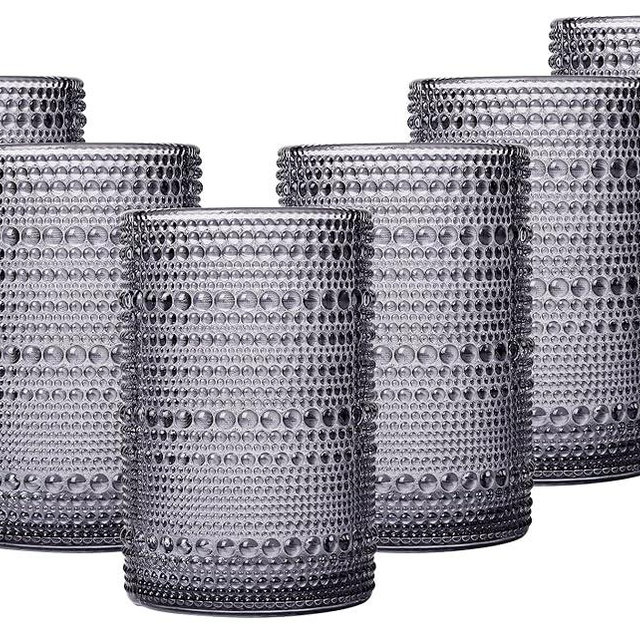 JOVGANK Grey Vintage Hobnail Drinking Glasses Set of 6, Embossed Water Tumbler 15oz, Kitchen & Bar Beaded Highball Glasses, Beverage Glass Cups for Water, Beer, Juice, Christmas and New Year gifts