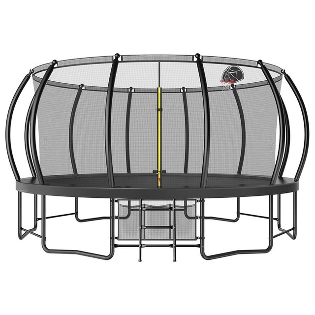 Lyromix 10 12 14 15 16FT Outdoor Trampolines for Kids and Adults, Pumpkin Trampoline with Curved Poles, Recreational Trampoline with Basketball Hoop and Safety Enclosure Net for Kids and Adults