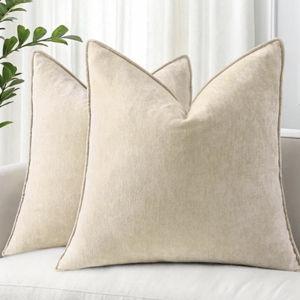 decorUhome Spring Couch Euro Sham Throw Pillow Covers 24x24 Set of 2, Decorative Soft Velvet Modern Cozy Chenille Pillow Cases with Elegant Design for Sofa Bed Living Room Home Decor, Beige