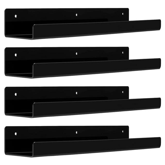 upsimples 4 Pack Acrylic Shelves for Wall Storage, 15" Floating Bookshelves for Kids, Display Shelf Organizer for Bathroom, Bedroom, Living Room, Kitchen, Room Decor, Black