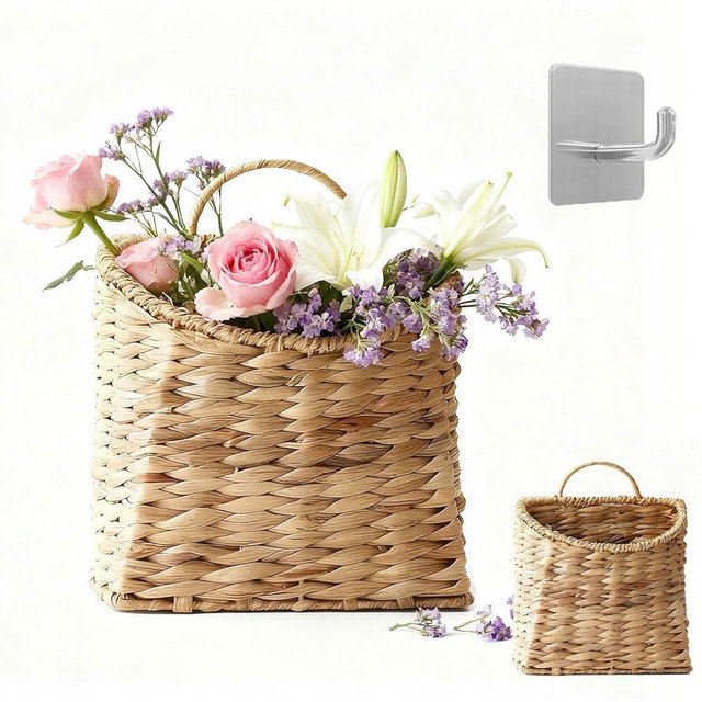 Woven Hanging Wall Basket Water Hyacinth Hanging Wall Basket Wicker Handmade Rattan Wall Planter for Garden Home Flowers Hanging Planters 8.6" D x 5.1" W x 11.6" H