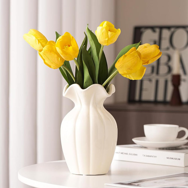 Seasonplan White Ceramic Vase, 8 Inch Flower Vase Home Decor Modern Decorative Vases for Bouquet, Unique Vases for Farmhouse Living Room Cabinet Table Centerpieces Wedding Decorations (Cream)