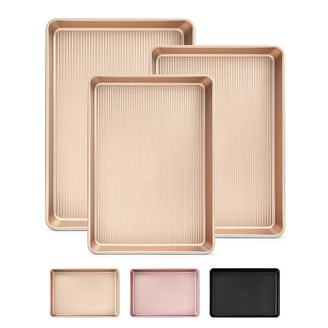 Professional Non-Stick Baking Sheets Set, 3-Piece Heavy Duty Carbon Steel Cookie Sheets with Oven Safe & Even Heating for Baking, Roasting, Cooking (Champagne Gold)