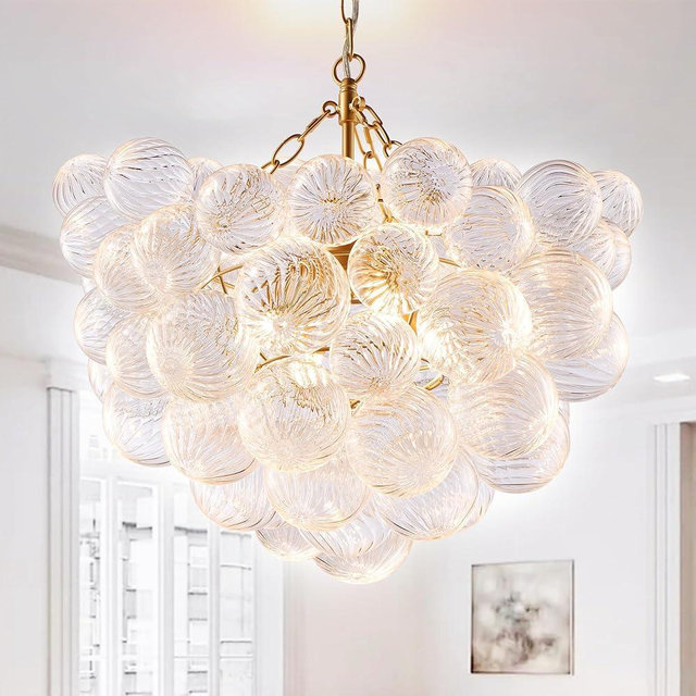BeyPan Bubble Glass Chandelier Pendant Lights Fixture Dia 24 inch Cluster Swirled Clear Blown Glass Ribbed Globe Decorative Lighting Fixture for Living Room Bedroom Dining Room Island