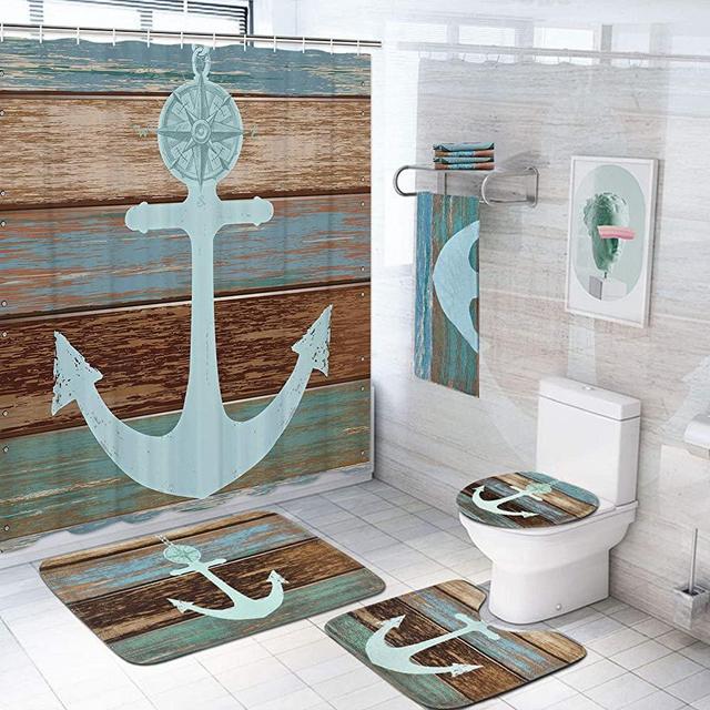 Pknoclan 7 Piece Anchor Shower Curtain Sets with Rugs and Bath Towel, Toilet Lid Cover, Bath Mat and Towels, Anchor Bathroom Decor Set Shower Curtain with 12 Hooks, Anchor Bathroom Curtain Shower Set