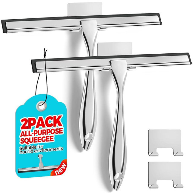 ALFLOD 2PACK All-Purpose Shower Squeegee for Glass Doors, Tile Shower Walls, Bathroom, Window, Glass and Car Windshield,Car Wash Equipment, Mirrors and Kitchen-Stainless Steel, 10 Inches, Silver