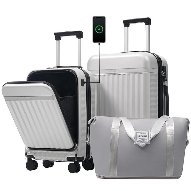 Merax Luggage Sets 2 Piece Front Opening, Hardside Lightweight Carry on Suitcase with USB Port,Durable Expandable Luggage with Bags Spinner Wheels and TSA Lock,White Grey