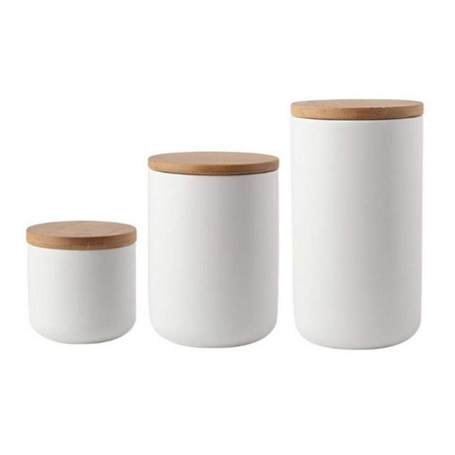 Ceramic Jar with Lid, Kitchen Canisters Set with Airtight Seal Bamboo Lid, Black White Food Storage Canister for Tea, Coffee Bean, Sugar, Flour (White：three piece)