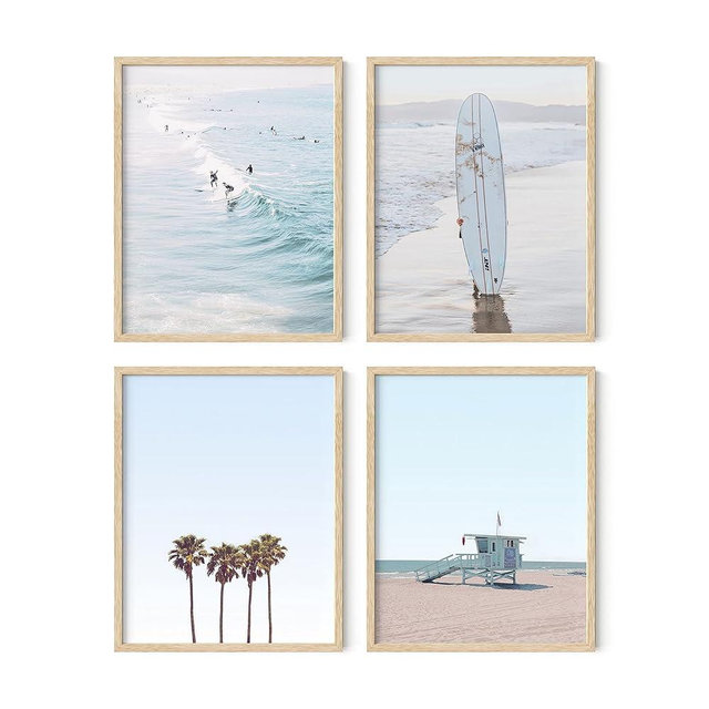 HAUS AND HUES Beach Wall Art Prints – Set of 4 Ocean-Themed Nautical Decor, Coastal Beach Art Prints for Bedroom, Living Room, or Home (Beige Frame, 11x14)