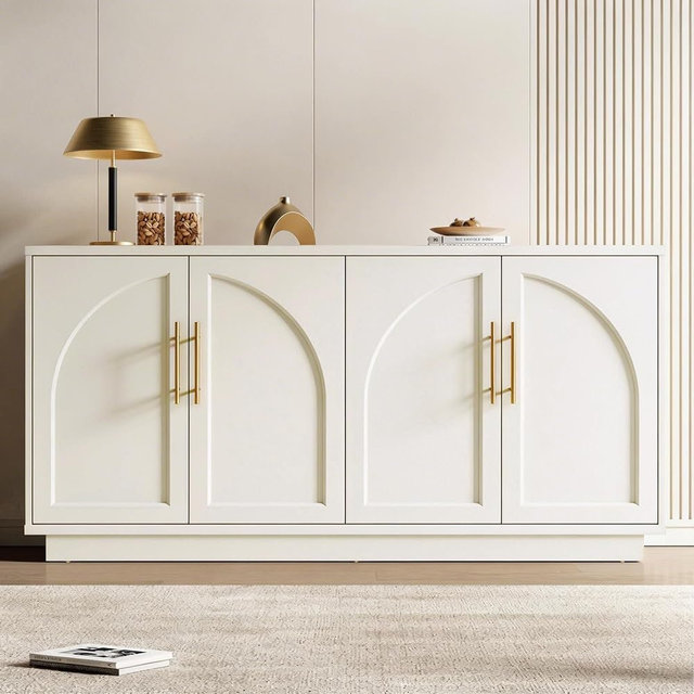 Fatmok Buffet Cabinet with Storage, 59'' Modern Arched Sideboard Cabinet w/Adjustable Shelves, Wood Media TV Console Table Credenza for Living Room Hallway Entryway, Alabaster White