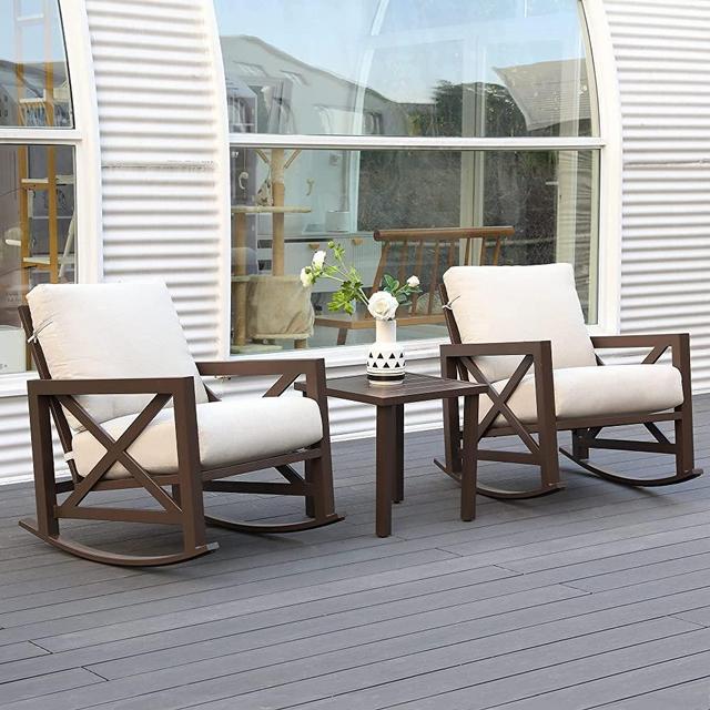 NATURAL EXPRESSIONS Rocking Bistro Set, 3 Piece Outdoor Patio Conversation Furniture Set with 2 Rockers and 1 Metal Coffee Table with Thick Cushions for Backyard,Porch,Poolside,300lbs Weight Capacity