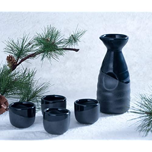 Hinomaru Collection Reactive Glaze Sake Set Tokkuri 10 fl oz Bottle with Four Sake Ochoko Cups 2 fl oz (Black)