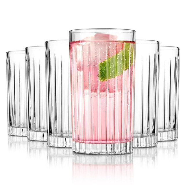 Royalrose Premium VertiLine 13.5oz Highball Glasses, 6pc Tall Glass Sets. Lead-Free Crystal Drinking Glasses. Water Glasses, Mojito Glass Cups, and Mixed Drink Cocktail Glass Set. (Tall glasses)