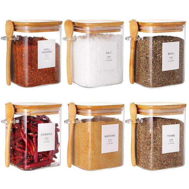 HHMJSM 6 Pcs Square Glass Jar with Bamboo Lid and Spoon - 30 oz Large Sugar Container with 148 Kitchen Pantry Spice Jar Labels Preprinted - Glass Containers with Wooden Lids Hold Coffee, Tea, Candy