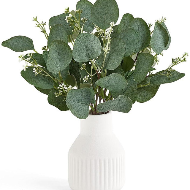 Dahey Artificial Eucalyptus Stems in Ceramic Vase Centerpiece Table Decorations Modern Farmhouse Decor Fake Eucalyptus Plants with Vase for Bathroom Kitchen Shelf Living Room Greenery Decor, White