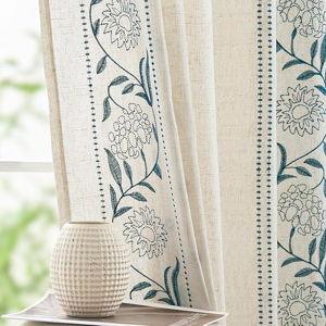 Linen Curtains, Bordered Blue, for Bedroom 63 Inches Length Linen Blended Embroidered Floral Curtains for Living Room Farmhouse Decor Light Filtering Window Treatments Blue on Beige Drapes 2 Panels