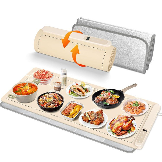 OcePor Warming Mat for Food,(XXL 36"x16") Electric Warming Tray,Extra Large Food Warmer Mat,Warming Pads for Food,Portable Heating Mat for Buffet,Parties,Buffets Party (Beige + Heat Insulation Pad)