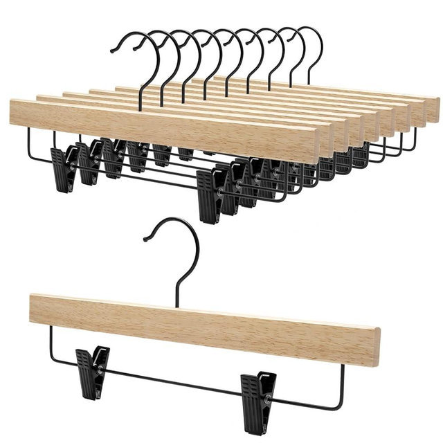Nature Smile Deluxe Wooden Pants Hangers,Solid Rubber Wood Jeans Skirt Hanger with Blacak Hook Pack of 20(Natural Varnished)