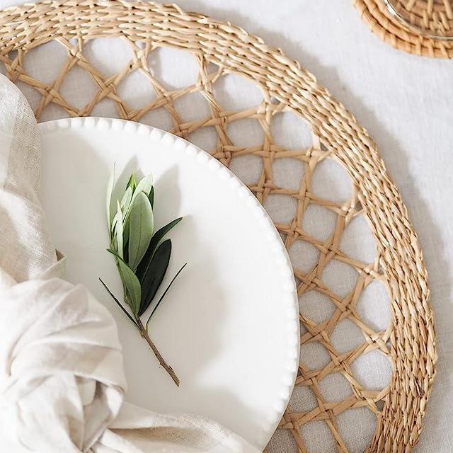 Woven Stories - Handmade Woven Seagrass Placemat, Round Stylish Decorative Placement for Dining Table, Sustainable, Natural, 15" (4)