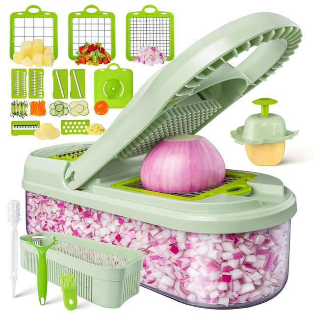 Bemece Multifunctional 17 in 1 Vegetable Chopper, Mandoline Food Slicer Vegetable Cutter with Container and 9 Blades for Kitchen-Veggie Chopper for Potato Garlic Carrot, Cooking & Meal Prep