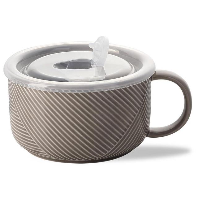 Adewnest Oversized Soup Bowl with Handle: 38 oz Ceramic Soup Mug with Lid - Microwave Safe Jumbo Food Storage Container for Ramen Cereal Breakfast Meal Prep Office Lunch Dorm Living - Grey 6 Inch