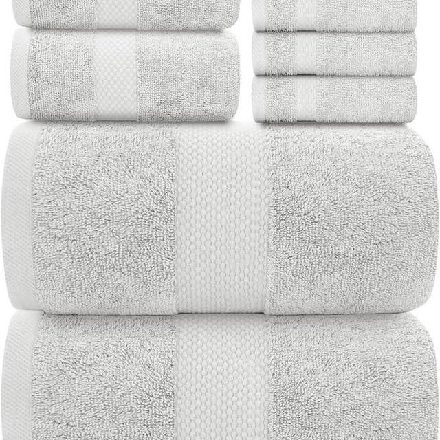 White Classic Luxury Bath Towel Set of 8 Pieces - 100% Turkish Cotton Highly Absorbent Towels for Bathroom, 2 Luxury Bath Towels 700GSM, 2 Hand Towels, 4 Washcloths, Dolphin Gray