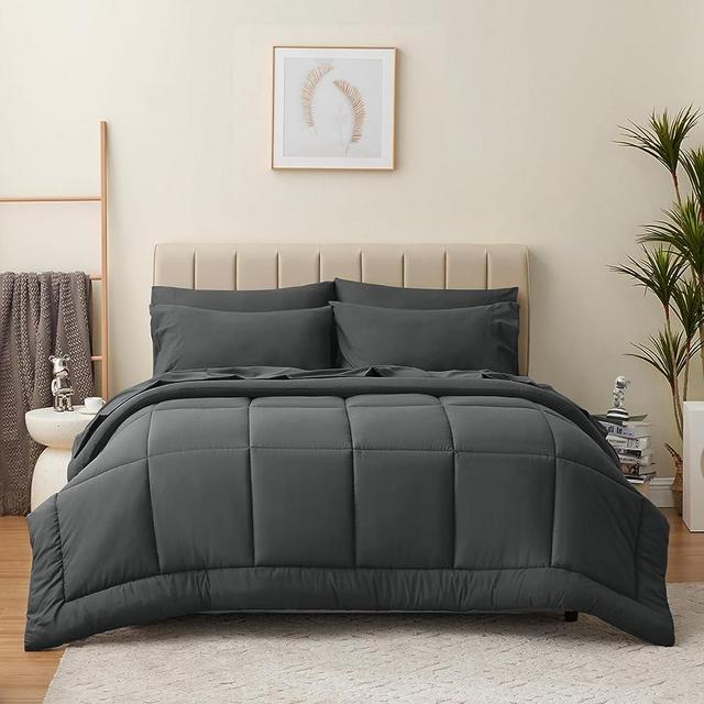 CozyLux King Size Comforter Set - 7 Pieces Bed in a Bag Set Dark Grey, King Bedding Set with All Season Quilted Comforter, Flat Sheet, Fitted Sheet, Pillowcases, Dark Gray, King