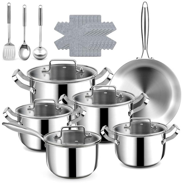 Fruikit Stainless Steel Cookware Set - 21 PCS Kitchen Cookware Sets with 3-Ply Frying Pan, Even Heating, Cool Handle, Chef Quality Cooking Set, Pots and Pans Set Induction Ready, Dishwasher Safe