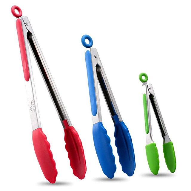 Hotec Premium Stainless Steel Locking Kitchen Tongs with Silicon Tips, Set of 3-7", 9" and 12"