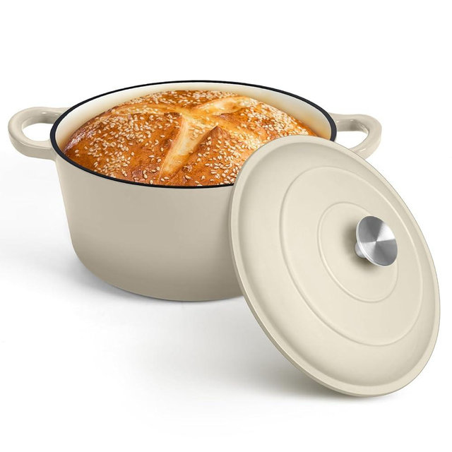 P&P CHEF Khaki Enamel Cast Iron Dutch Oven, 7 Quart Round Enamel Dutch Oven Pot with Lid for Bread Baking, Great for Roasting Braising Stewing Frying, Work with Various Stoves & Oven